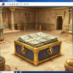screenshot ps 5 videogame in an ancient egypt undiscovered room with a box full of money ingots and gems and precious, concept art, architecture design, pyramids style, rtx, nvidia, renderer, stunning graphics