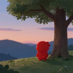 a cute little red creature near a tree on a hill at twilight, 4 k