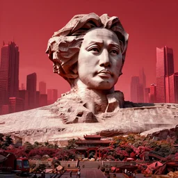 a sculpture of mao zedong's sculpture in cyberfunkcity a made of rocks by lodovico di leonardo buonarroti di simoni, highly detailed, hyperrealism, digital art, artstation, concept art, detailed and intricate environment, ultra wide shot, red color scheme