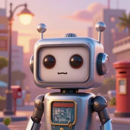 very beautiful close - up portrait of an extremely cute and adorable 1 9 5 0 s style robot in a pixar style cartoon city at sunset, smooth, perfect face, surrounded by streetlamps and a mailbox, fantasy, character design by mark ryden and craola, intricate detail, cinematic lighting, hyperrealistic, 5 0 mm macro photography