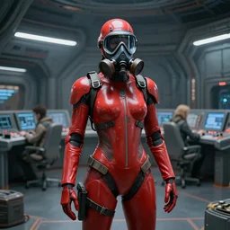 big budget scifi movie set in postapocalyptic world with female cyborg in red rubber and gas mask in control room of ufo