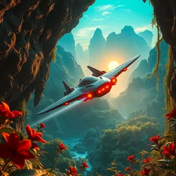 a photo of futuristic sci - fi aircraft hurtling through a prehistoric jungle cave, mountains, vines, water, red flowers, sunset, lush flora, beautiful render, volumetric lighting, haze, raytracing, 8 k