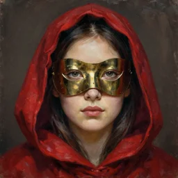 portrait of an woman with a red hood on and a mask on, Matte painting , detailed painting, greg rutkowski