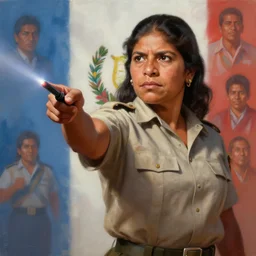 epic portrait of slightly muscular rigoberta menchu wearing short sleeved uniform, instructing with laserpointer, guatemalan for background, detailed, digital painting, artstation, concept art, donato giancola, joseph christian leyendecker, wlop, boris vallejo, breathtaking, 8 k resolution, extremely detailed, beautiful, establishing shot, artistic, hyperrealistic, beautiful face, octane render