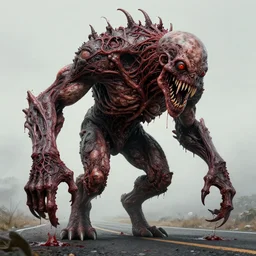 Giant fanged limb monster walks in the road. Drops of blood, meat with veins, mouths, eyes. Dark colors, high detail, hyperrealism, horror art, intricate details, masterpiece, biopunk, body-horror, art by Esao Andrews, Beksinski, Giger
