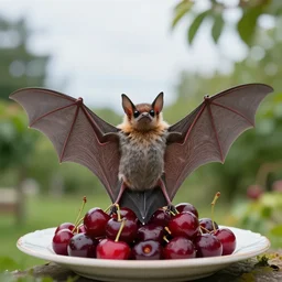 a bat sitting atop cubed cherries on a plate in a garden, its wings spread out in a v - shape as it stares out at the sky, a tranquil and peaceful scene
