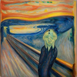 oil painting of The Scream !!taking a seflie!! with an iPhone!! by Edvard Munch