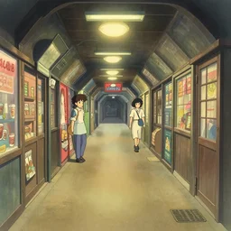 japanese shopping underground passage, ghibli style, anime, artstation