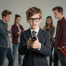 nerdy boy holding a deadly weapon to fight bullies