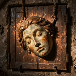 A ajar door with a sleeping human face hangs on loops, medieval style, dramatic lighting, medieval style, dramatic lighting