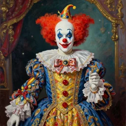 the royal clown by greg hildebrant lisa frank vaporwave fancy rococo baroque regal oil painting high quality award winning clothed in fancy garb