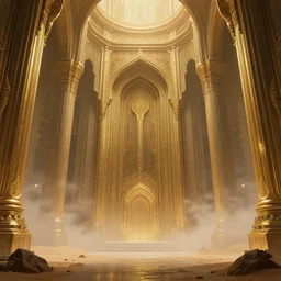 an anthropomorphic beautiful ultradetailed futuristic civilisation interior in a desert, gold, mist, fog,, dungeon temple gate, lower view, fine art, award winning, intricate, elegant, sharp focus, octane render, hyperrealistic, cinematic lighting, highly detailed, digital painting, 8 k concept art, art by jamie hewlett and z. w. gu, masterpiece, trending on artstation, 8 k