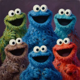 intricate five cookie monster portrait, oil on canvas, hdr, high detail, photo realistic, hyperrealism, surrealism, cinematic, matte finish, high contrast, 3 d depth, centered, masterpiece, vivid and vibrant colors, enhanced light effect, enhanced eye detail, artstationhd