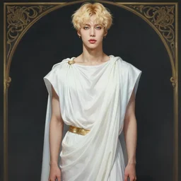 wide angle full body portrait of Jimin of bangtan sonyeondan, with a perfect face and perfect body, thin waist, plump lips, intricate, single face, wearing greek Palla, ethereal, men fall for him, short blonde hair, blue eyes, hunter eyes, thin button nose, highly detailed, digital painting, artstation, concept art, smooth, sharp focus, illustration, Unreal Engine 5, 8K, art by artgerm and greg rutkowski and alphonse mucha