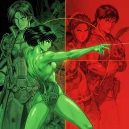green lady fighting red 3, high intricate details, rule of thirds, golden ratio, cinematic light, anime style, graphic novel by fiona staples and dustin nguyen, by beaststars and orange, peter elson, alan bean, makoto shinkai