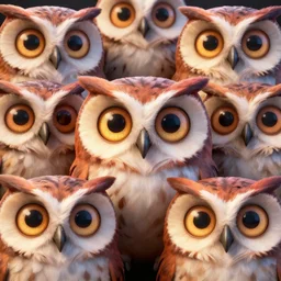 multiple owls with symmetric eyes. medium shot, surprised look, gigantic eyes, big eyes, brown eyes, detailed eyes, realistic eyes, colorful feathers, 3 d characters, occlusion, shadows, contrast, octane render,