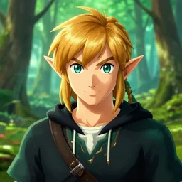 highly detailed portrait of link from ocarina of time, visual contact, hoodie, ringlet hair in front of a forest by atey ghailan, by greg rutkowski, by greg tocchini, by james gilleard, by joe fenton, by kaethe butcher, gradient green, black, cream and orange color scheme