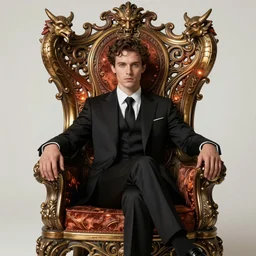 tom ellis ( lucifer ) portrait sitting in art nouveau burning chair, fantasy, intricate devilish designs, elegant, highly detailed, sharp focus, art by artgerm and greg rutkowski and wlop