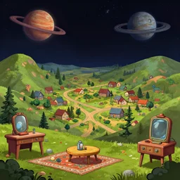 view from a hill overlooking a very small rural town, on a remote planet, with retro sci fi furniture, from a space themed point and click 2 d graphic adventure game, detailed, set design inspired slightly by hg giger, art inspired by thomas kinkade