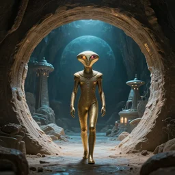 futuristic ancient astronaut arrived through a portal,