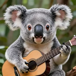 a koala playinga guitar, modelsociety, radiant skin, huge anime eyes, rtx on, perfect face, directed gaze, canon, symmetric balance, polarizing filter, photolab, lightroom, 4 k, dolby vision, photography award