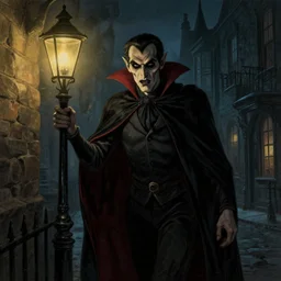 A vampire lurks in the shadows of Victorian city in the night, illuminated by gas lamps, hyperdetailed, artstation trending, world renowned artists, worth1000.com, historic artworks society, antique renewel, cgsociety, by greg rutkowski, by Gustave Dore, Deviantart