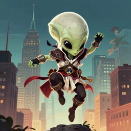 a detailed cute alien from assassin's creed in an action pose parkour freerunning in the style of lisa frank and escher background 1 9 9 0's new york, digital art, artstation hd, ubisoft concept art, concept art