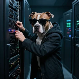 an edgy pitbull being a hacker, hacking into the mainframe, wearing sunglasses and a dark coat in a dark room