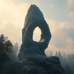 a tall rock structure in the shape of a swirling spiral vortex, background of trees, dramatic lighting, morning fog, hyper detailed, digital art, trending on artstation, cinematic lighting, studio quality, smooth render, octane render, art style by ruan jia and greg rutkowski and peter mohrbacher and wlop and krenz cushart