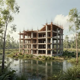 a beautiful photorealistic rendering of unfinished building swamp by david hockney, scumm bar atlantis nature fisheye, archdaily, wallpaper, highly detailed, trending on artstation.