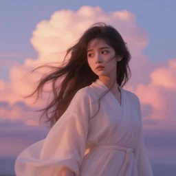 experimental phantom - inspired character design. flowing robes. dreamland wonderland haughty stubborn friendly moody austere princess character portrait. close - up key visual. turbulent wind, eyes, character portrait, close - up, pleasing palette, undulating nebulous sunset clouds adorable, idyllic cumulonimbus matte painting from fantasia pastel from fantasia ( 1 9 4 1 )