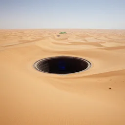 intergalactic stargate portal in the middle of a vast desert, with dunes stretching out as far as the eye can see, and a single oasis in the distance by george lucas