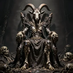 the king of death, sitting on throne, shadows, hyperrealistic, dead bodies in the background, high resolution, 8 k, dramatic lighting, goat - like horns, dramatic pose, dramatic