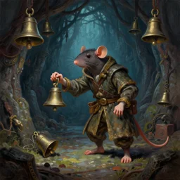 A rat tamer protagonist with a collection of bells is exploring the grimdarkest dungeon depths. trending on Pixiv. trending on ArtStation. A vibrant digital oil painting. A highly detailed fantasy character illustration by Wayne Reynolds and Charles Monet and Gustave Dore and Carl Critchlow and Bram Sels