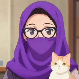 anime portrait of one young hyderabadi female wearing cateye glasses and purple niqab with one cat by wlop, loish, ilya kuvshinov, makoto shinkai, and artgerm elegant, vivid colors, hyperdetailed artistic lines, intricate, in the style of borderlands, artstation, 8 k
