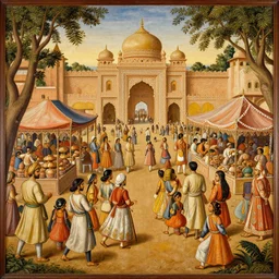 a renaissance style painting of indian bazar of old times in style of raja ravi verma