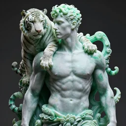 hyper detailed ultra sharp portrait of baroque and bladerunner delicate neon emerald and onyx sculpture of ( albino muscular handsome seductive joe jonas ) ( ( striped tigers ) ) wearing ( ( metallic hoody made out of banana leaves ) ) ( holding a glass neon moon ) space dungeon, glowing glass palm trees, crown of white diamonds, cinematic lighting, photorealistic, octane render 8 k depth of field 3 d