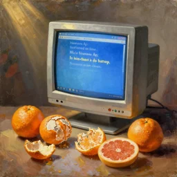 windows xp, still life painting of an old crt monitor displaying the blue screen of death, by pieter claesz, oil on canvas, strong lighting, highly detailed, peeled oranges, sliced grapefruit, hyper realism, golden hour, god rays, hd, 4 k