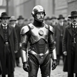 a single time traveler dressed in a futuristic experimental suit, among 1 9 2 0 s people. in a black and white historical picture, leica, grainy