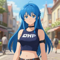 a blue haired anime girl in a european city wearing a crop top, official art, rpg character art, half body shot, by jeremy lipking, by charlie bowater, by studio ghibli, photorealistic digital art, octane render, anime style