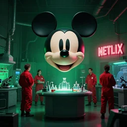 dark laboratory, green lighting, mickey mouse giant floating head, surrounded by scientists in red jumpsuits, neon sign on wall that says netflix