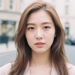 analog head and shoulders frontal face portrait photography of a beautiful woman in london. in - focus face. pastel colors. popular on instagram. depth of field. heavy film grain.