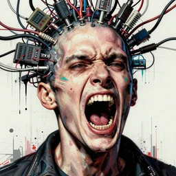 a highly detailed close up of a screaming cyberpunk, with electrical wires and computer cables coming from the top of his head, by jeremy mann, francis bacon and agnes cecile, and dave mckean ink drips, paint smears, digital glitches glitchart
