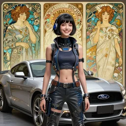 a short hair beautiful girl in a cyberpunk costume is standing near ford mustang, smiling. masterpiece 4k digital illustration by Ruan Jia and Mandy Jurgens and Artgerm and william-adolphe bouguereau, award winning, Artstation, art nouveau aesthetic, Alphonse Mucha background, intricate details, realistic, panoramic view, Hyperdetailed, 8k resolution, intricate art nouveau