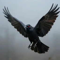 red - eyed crow with wings spread wide. atmospheric lighting. foggy background. highly detailed matte painting by greg rutkowski.