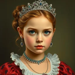 clothed in blouse, tiara, necklace, earrings. close - up face portrait painting of young princess, by boris vallejo.