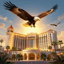 majestic eagles flying over a hotel california,, global lighting, digital art, artstation