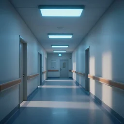 an hallway in hospital with soft blue lights in the roof, octane render, artstation trending, highly detailded