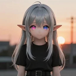 a very cute silver haired girl with elf ears and heterochromatic eyes in the sunset wearing a black shirt and black pants, very beautiful face, symmetrical face, pretty face, very detailed eyes, highly detailed, cute, by greg rutkowski, alphonse mucha, wlop, artstation