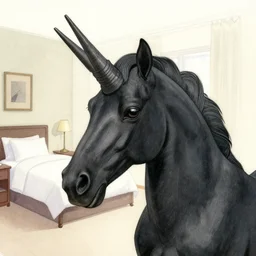 close up of a black unicorn in a liminal hotel room, watercolor by gottfried helnwein, by hammershøi, art noveau, highly detailed, lights by edward hopper, liminal, eerie, bright pastel colors
